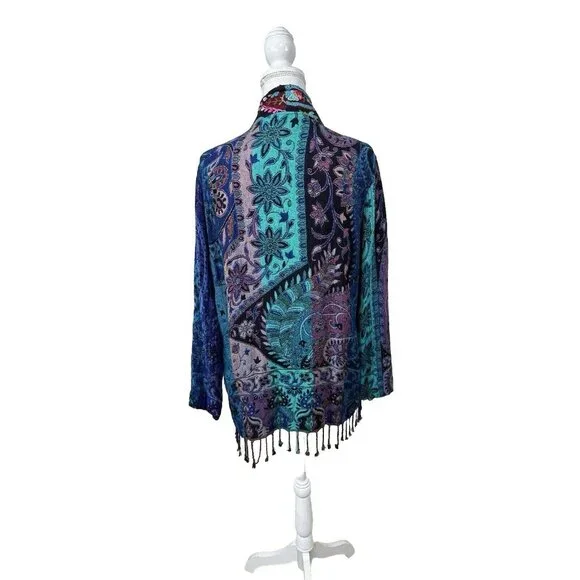 Soft Surroundings Sweater Boho Embroidered Open Fringe Kimono Cardigan SZ: Large - Picture 3 of 7
